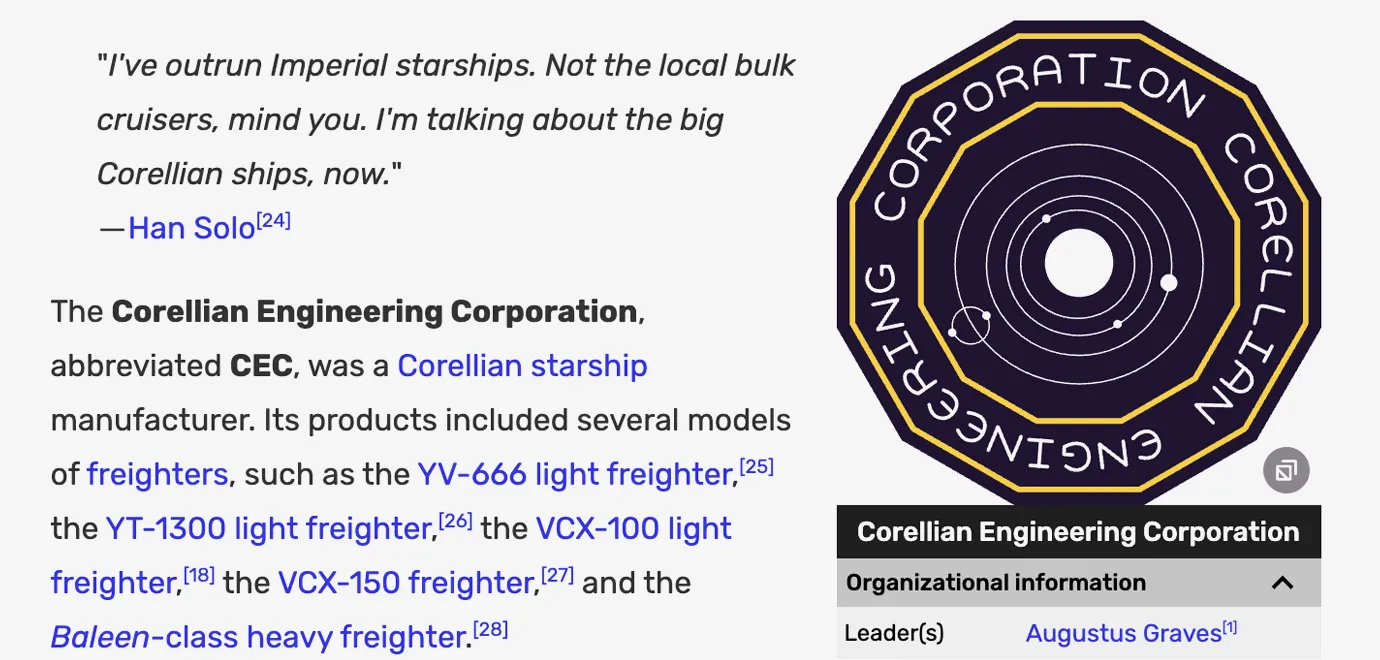 Corellian Engineering Corporation reference still