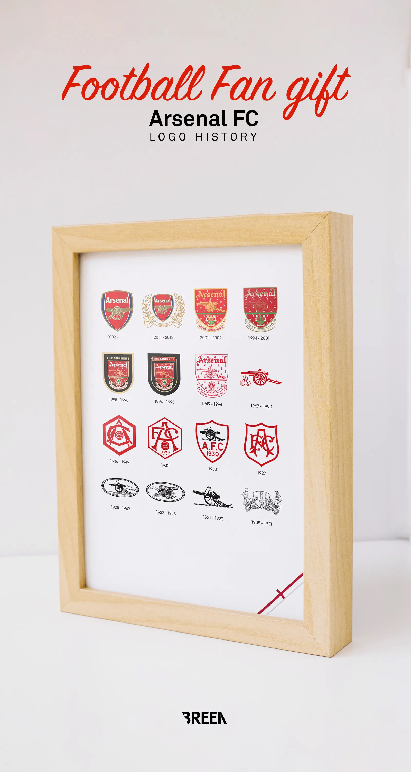 Arsenal badge evolution print in an oak wood frame