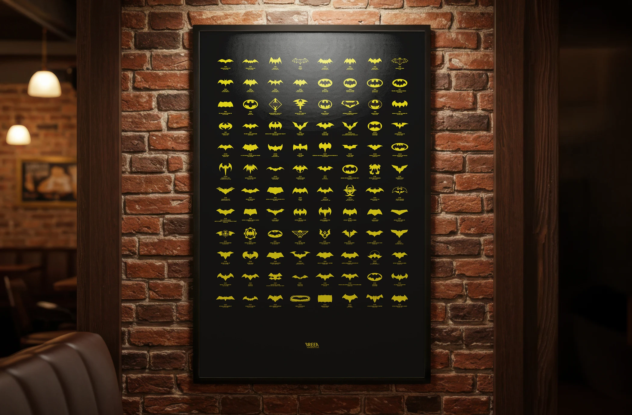 Batman logo evolution poster in a man cave
