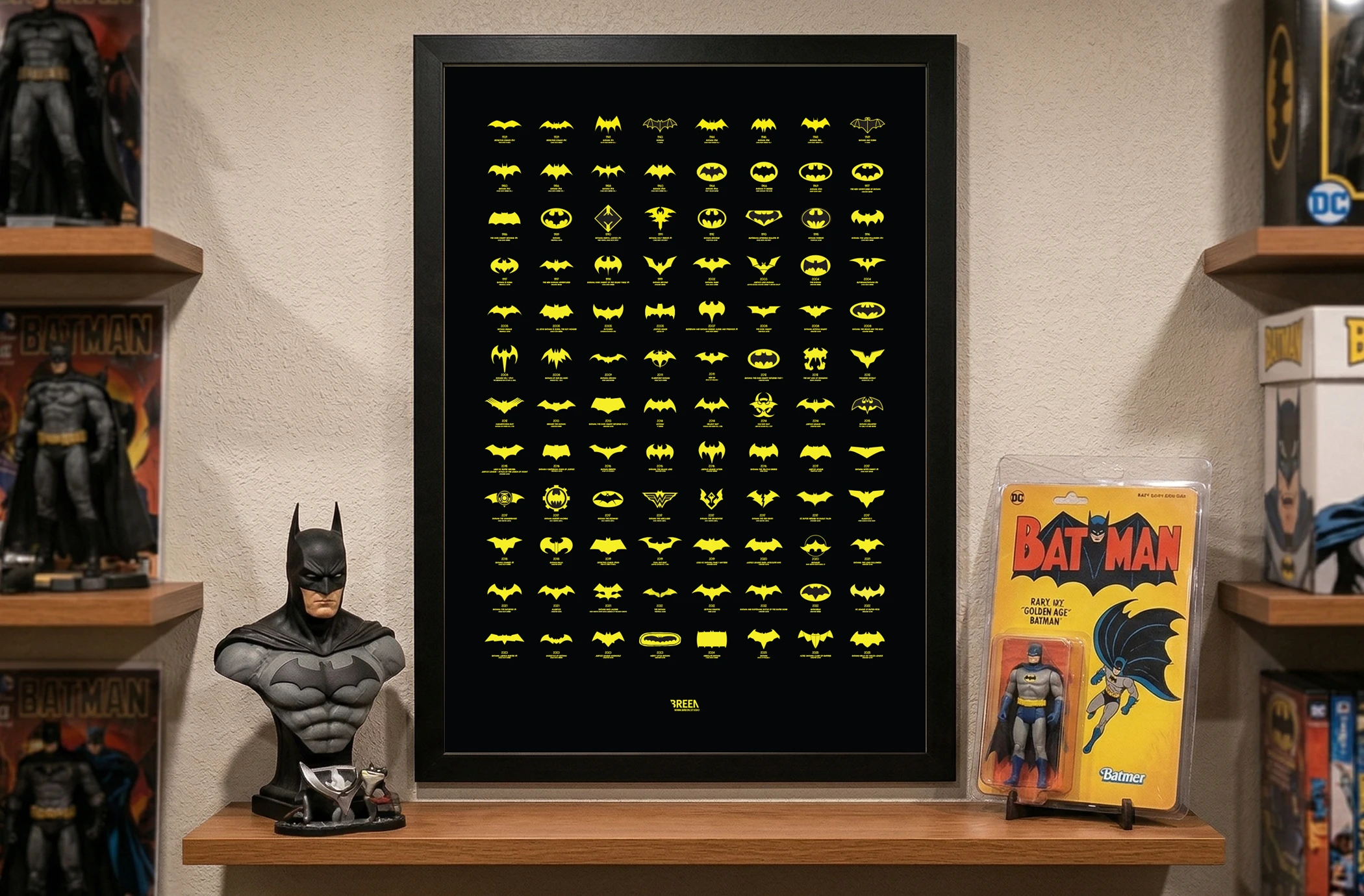 Batman Logo Evolution poster framed in a room with gallery lighting