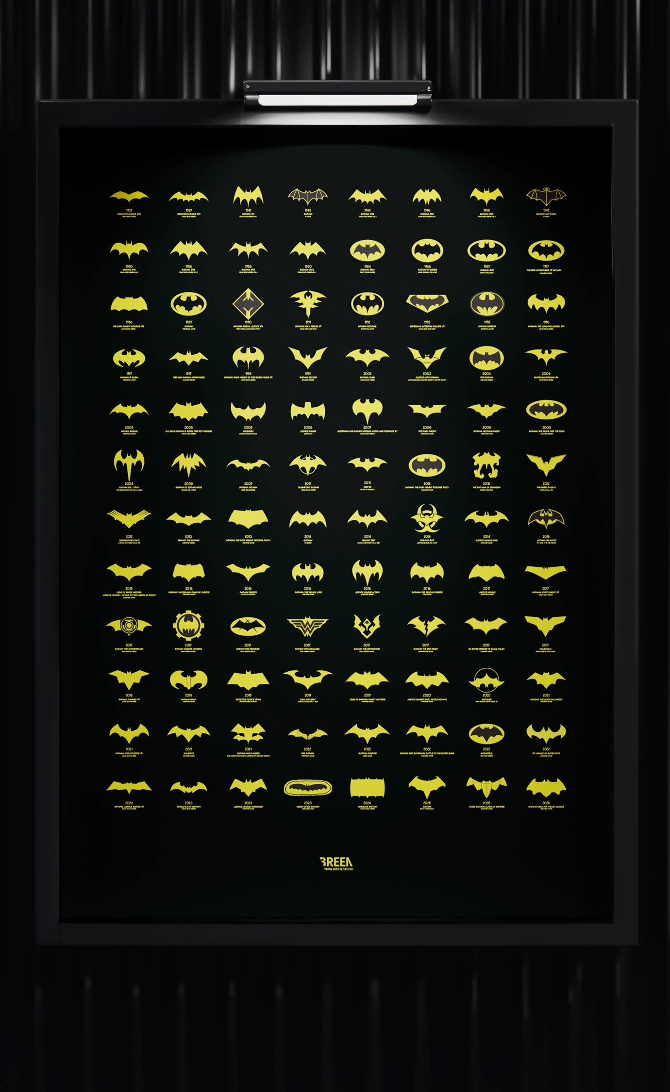 Poster showing 96 Batman logos arranged chronologically from 1939 to 2025 in an 8-by-12 grid on a gray background