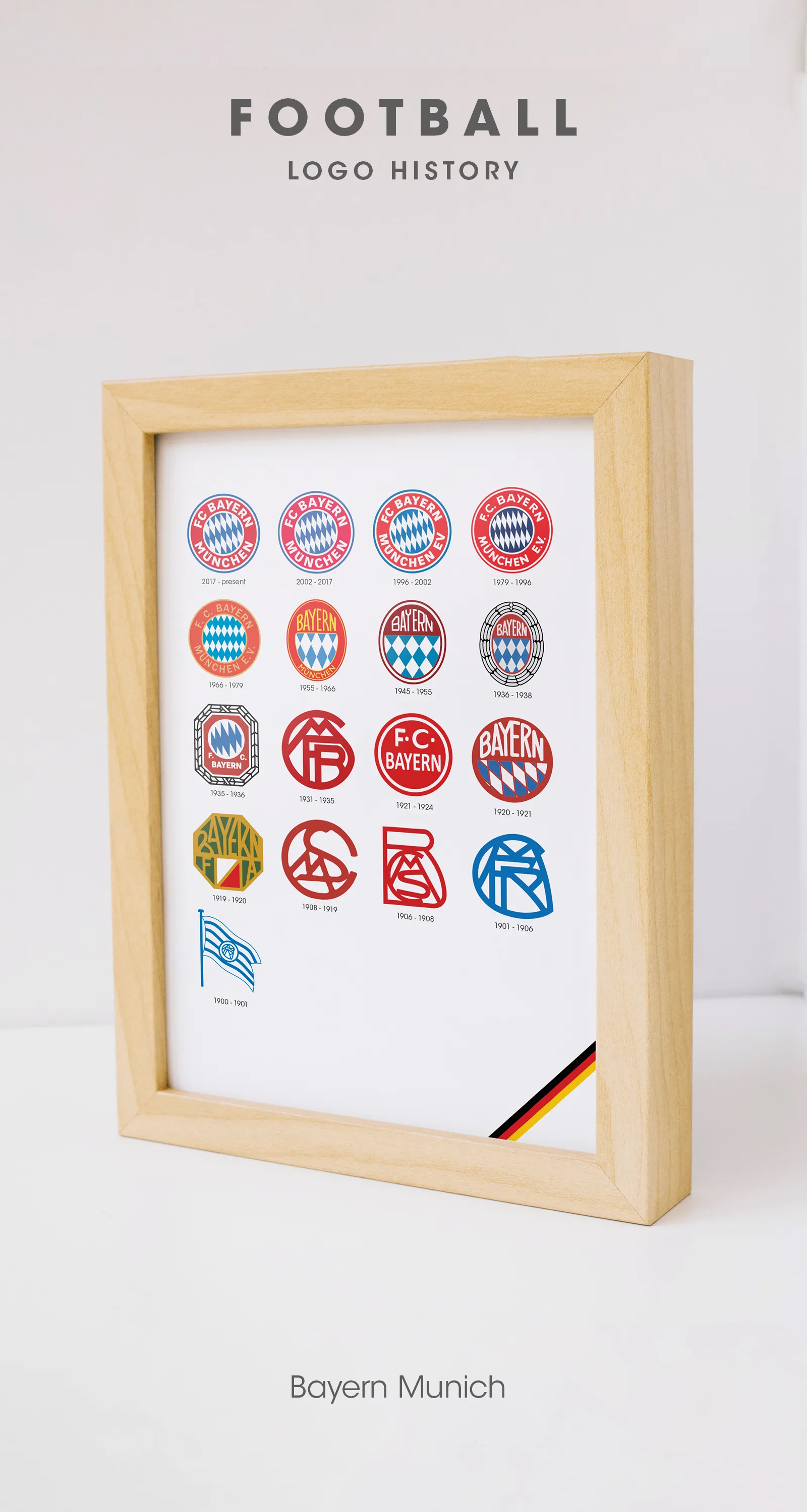 Bayern Munich logo history print in an oak wood frame