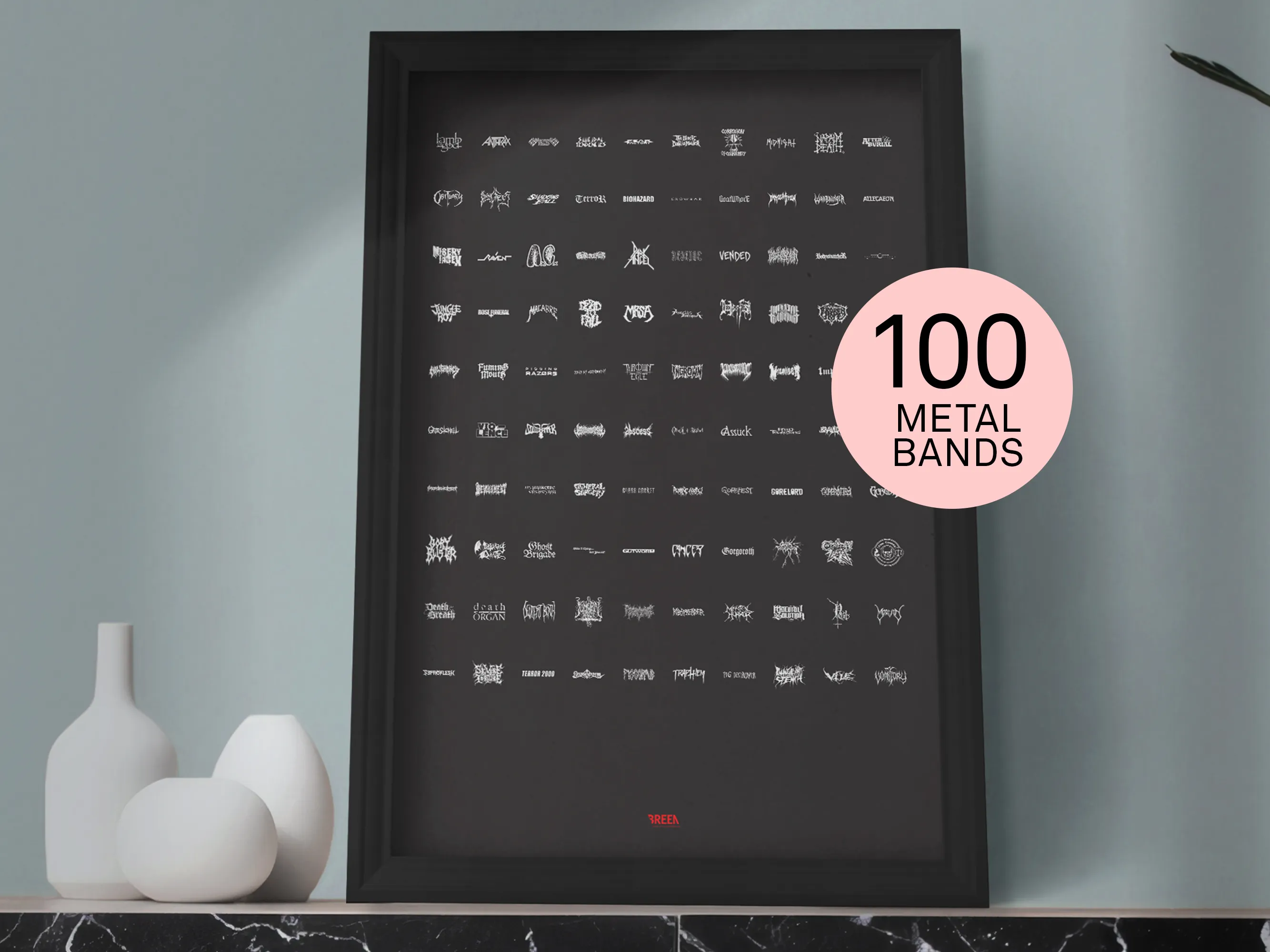 Black metal poster featuring 100 iconic band logos from Mayhem, Darkthrone, Burzum, and the Norwegian scene—museum-grade metal wall art