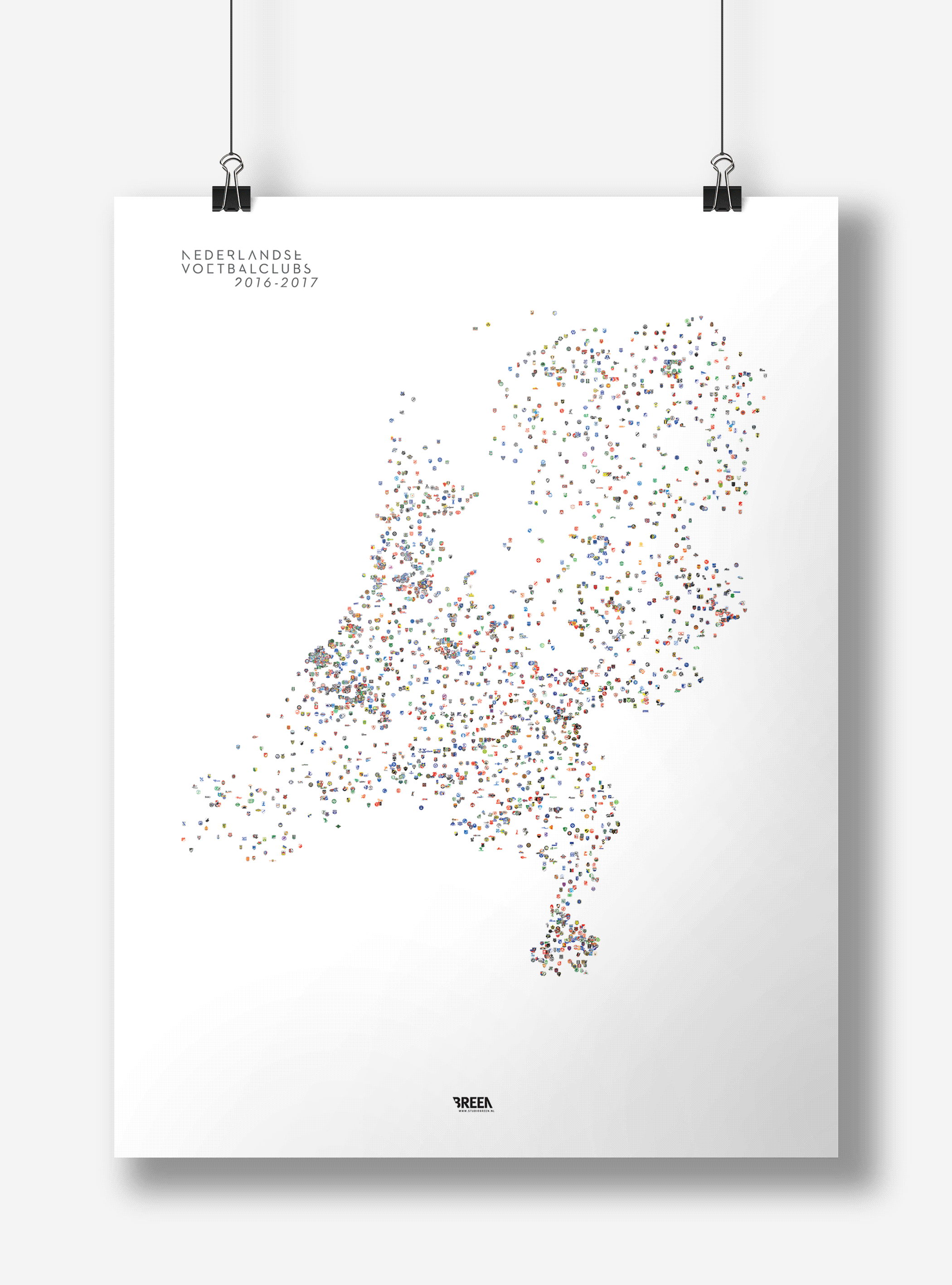 Nederlandse voetbalclubs poster met klemmen opgehangen—museum-kwaliteit wanddecoratie