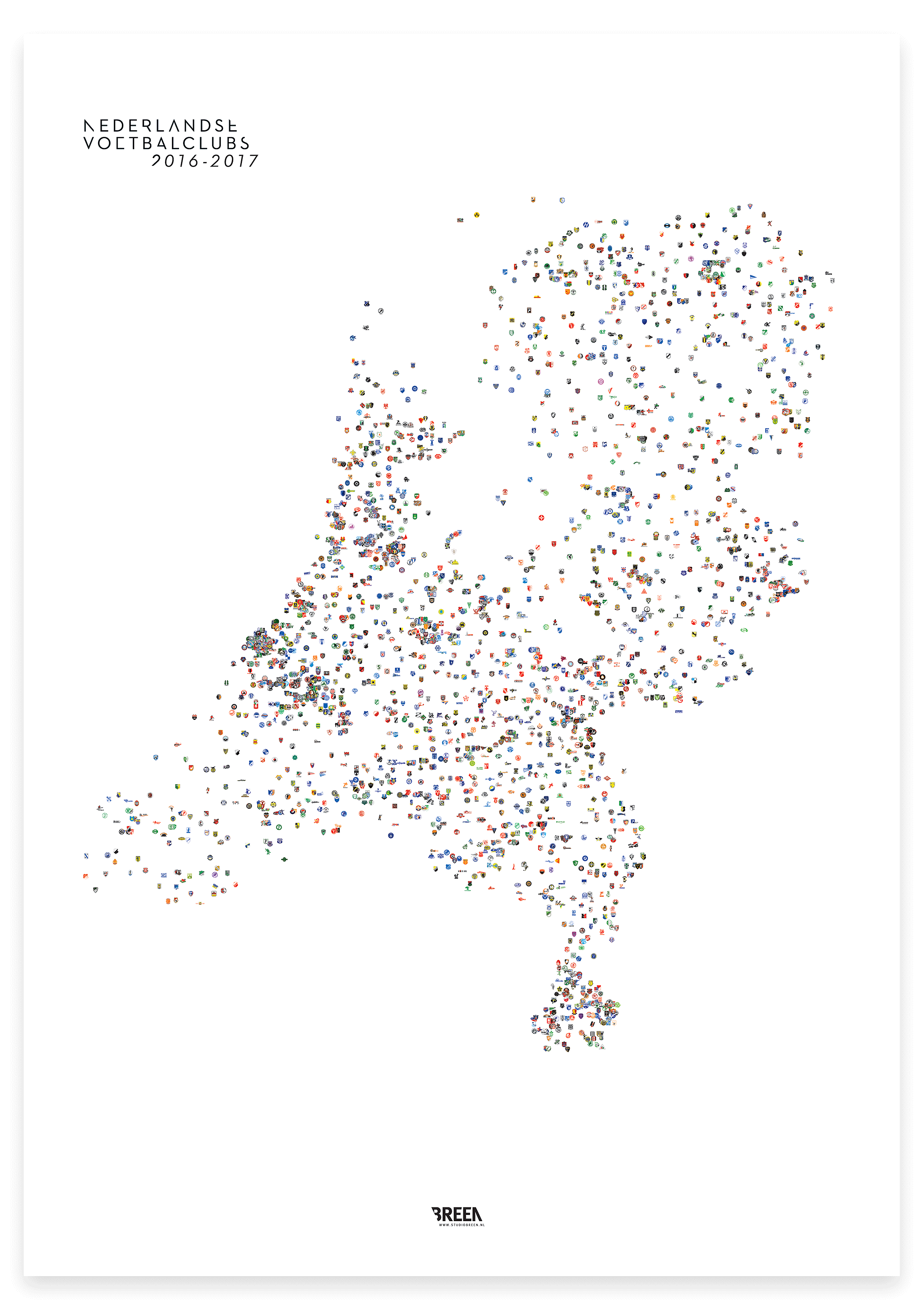 Nederlandse voetbalclubs poster met alle 2500+ clubs van Eredivisie tot amateurvoetbal gepositioneerd op de kaart van Nederland—officiële KNVB-partner wanddecoratie