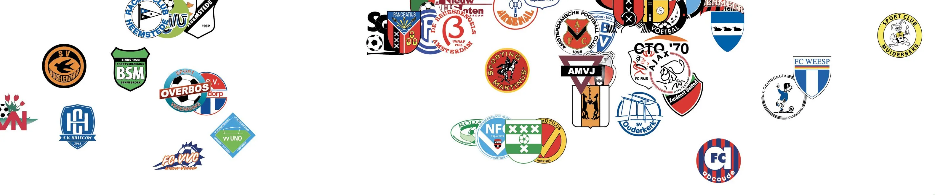 Detail van Nederlandse voetbalclubs poster met Amsterdam clubs zoals Ajax, de Volewijckers en AFC—hoofdstedelijke voetbalhistorie