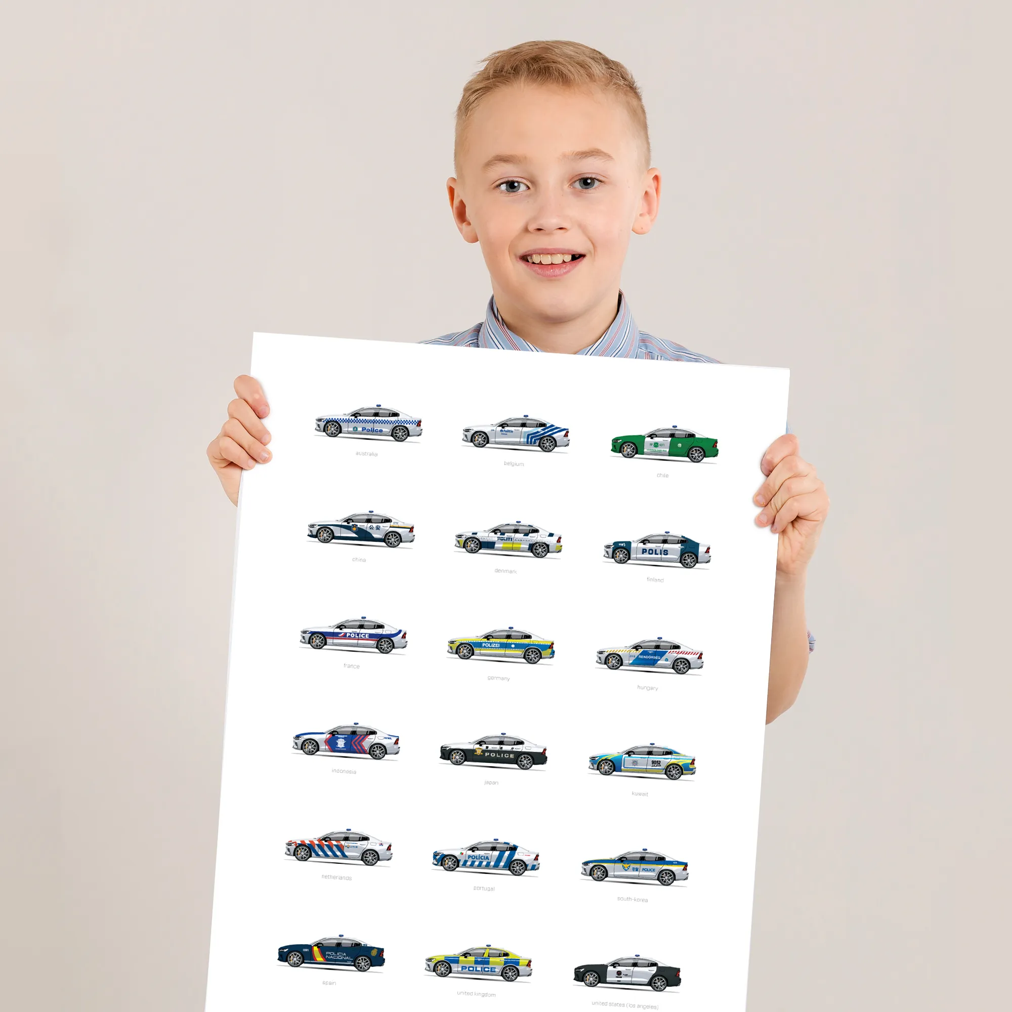 Police car poster showing 18 illustrated police vehicles from around the world, including NYPD, Met Police, German Polizei, and Dutch Politie designs