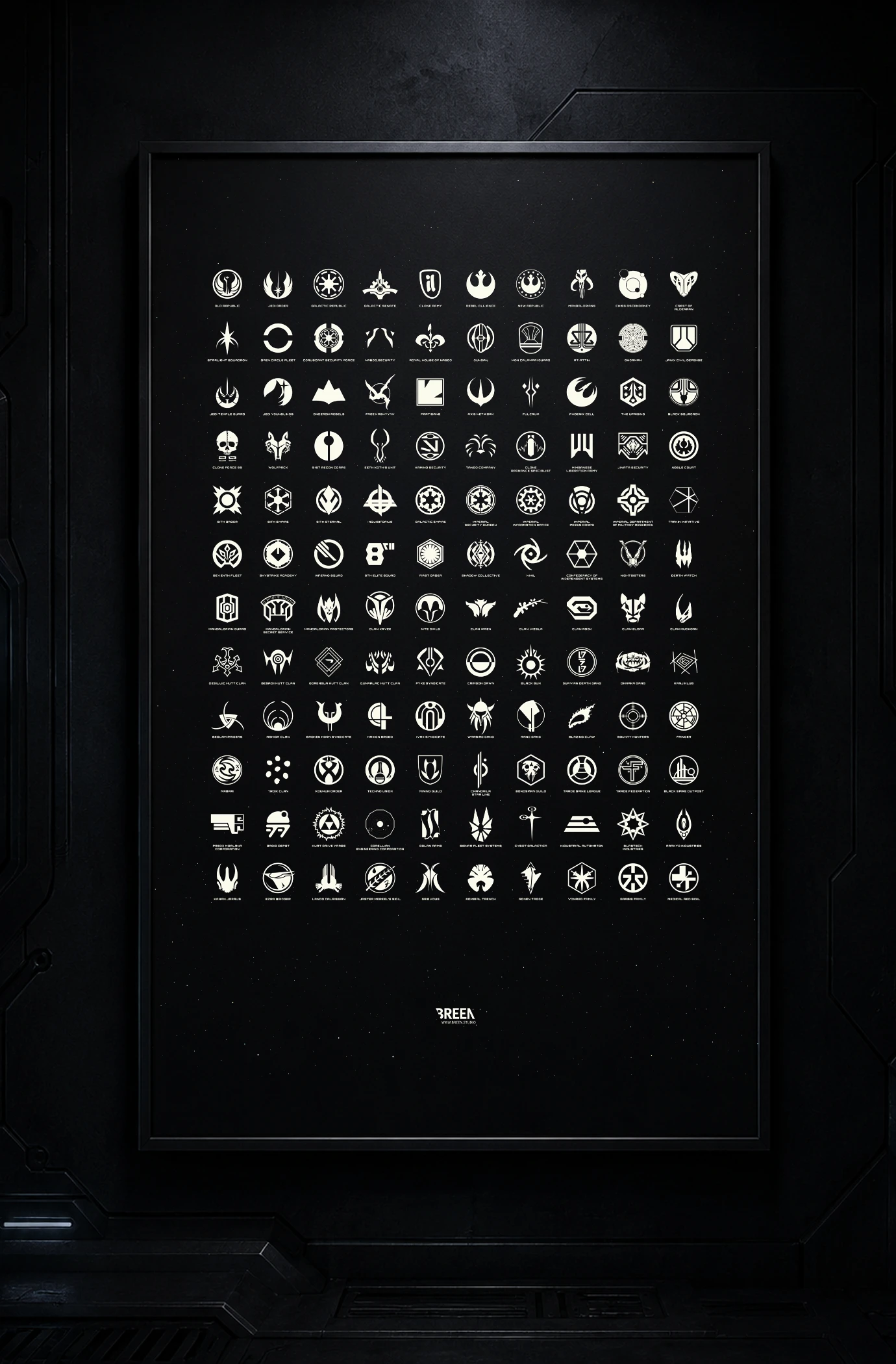 Star Wars poster showing faction symbols and emblems from every era of the Star Wars universe on a black background