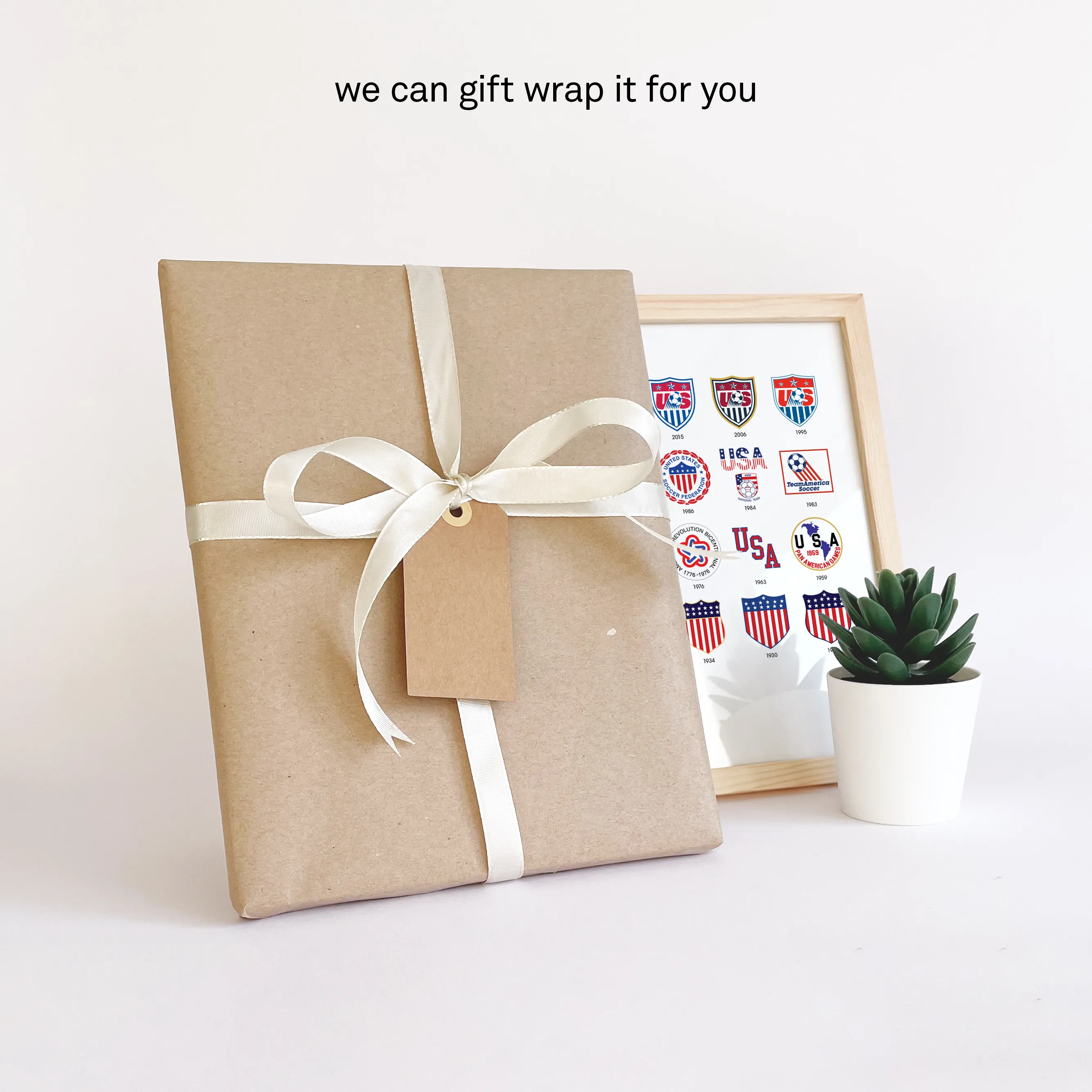 USA Soccer USMNT collector's poster gift-wrapped in brown paper with white ribbon and personal note card