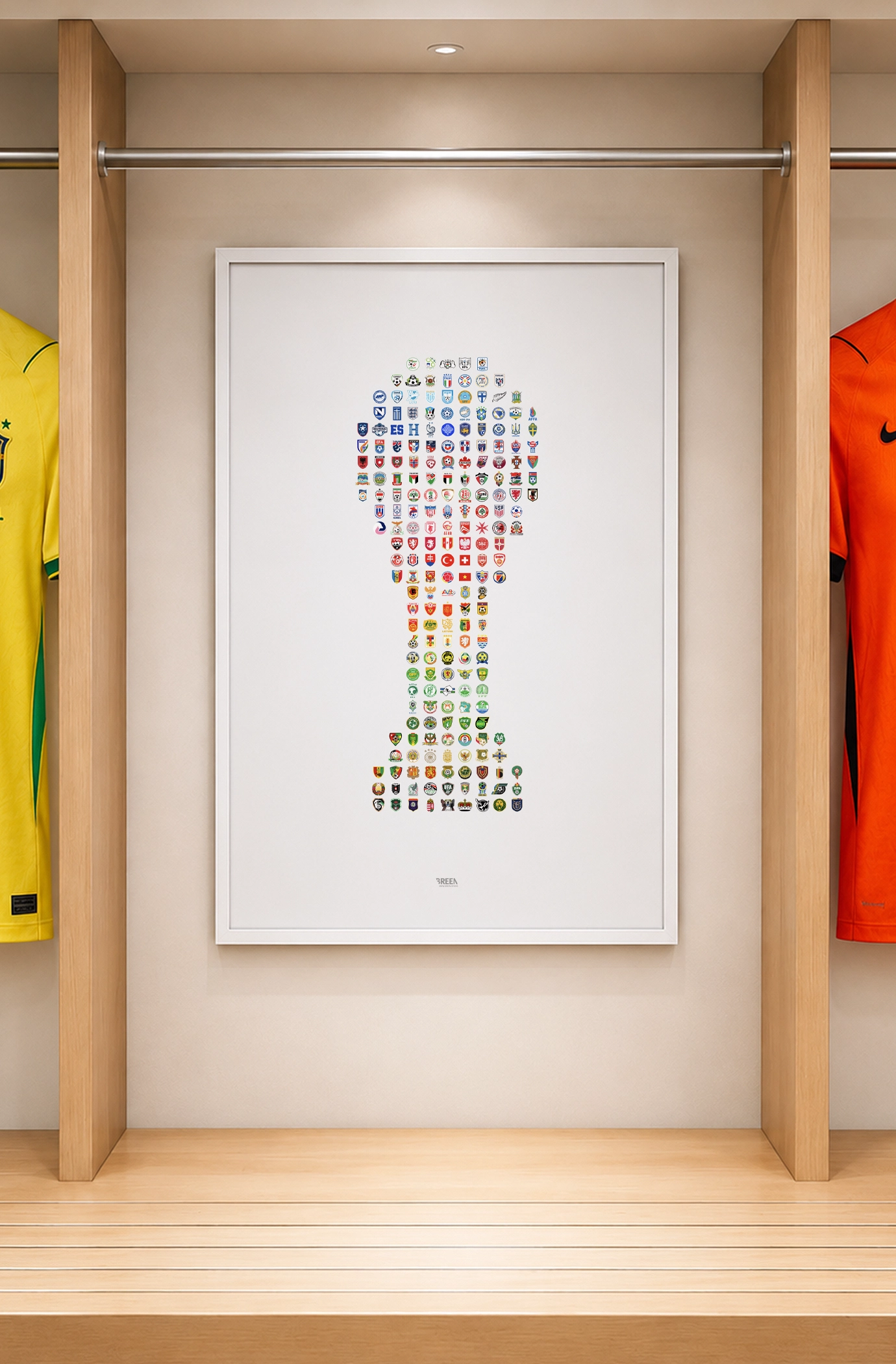 World Cup poster showing 211 FIFA member nation shirt badges arranged by colour to form the World Cup trophy silhouette