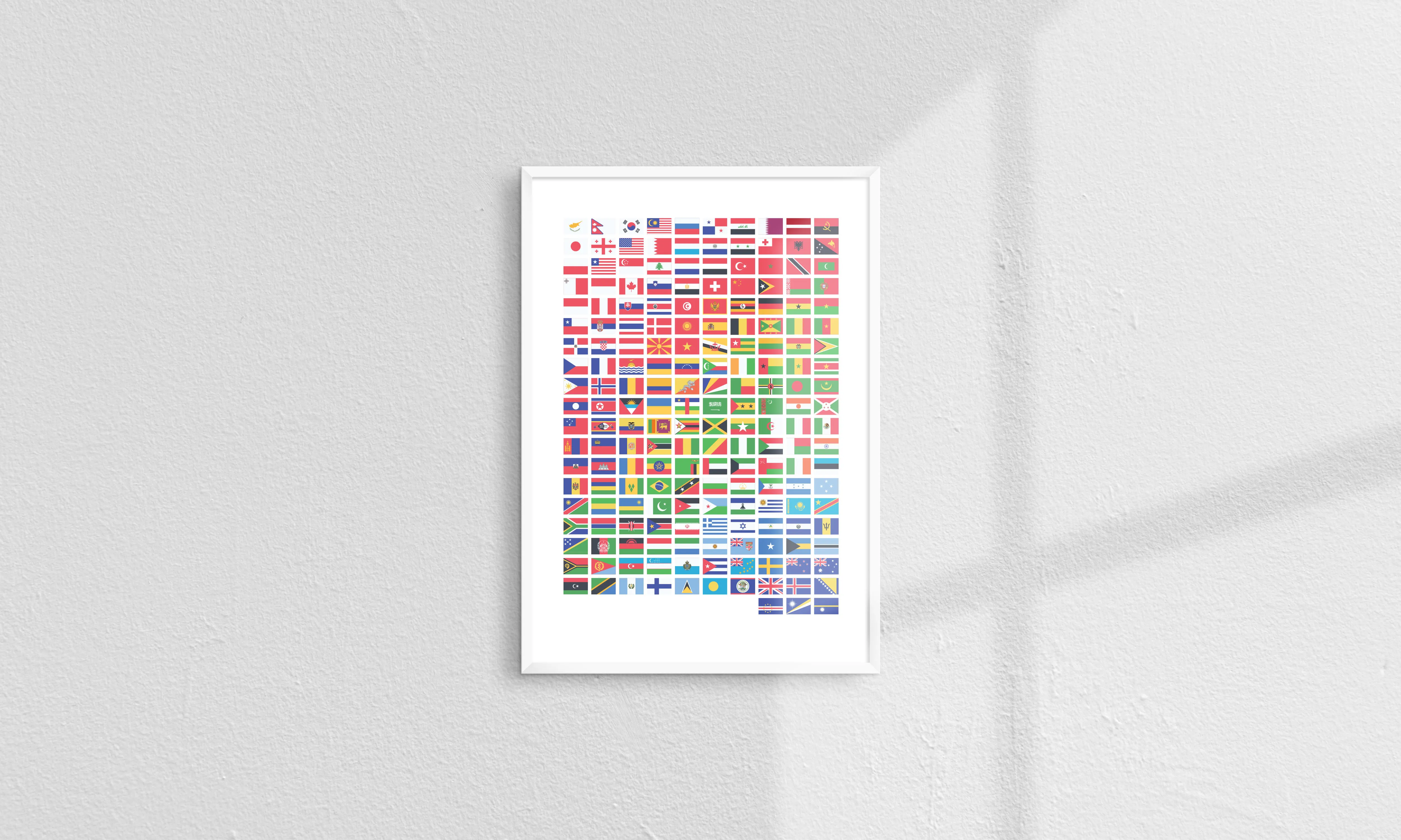 Complete world flags poster showing all UN member nation flags organized by color—educational geography wall art
